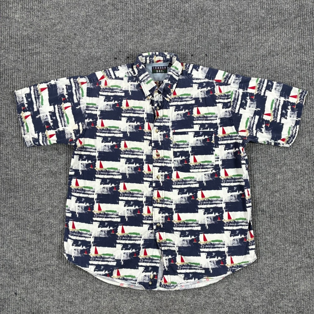 Vintage Trader Bay Mens L Abstract Sailboat Print Button Shirt 100% Cotton